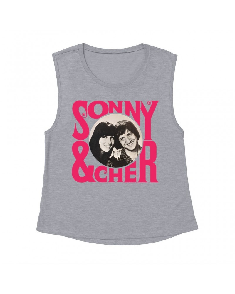 Sonny & Cher Ladies' Muscle Tank Top | Retro Pink Logo And Photo Shirt $3.71 Shirts