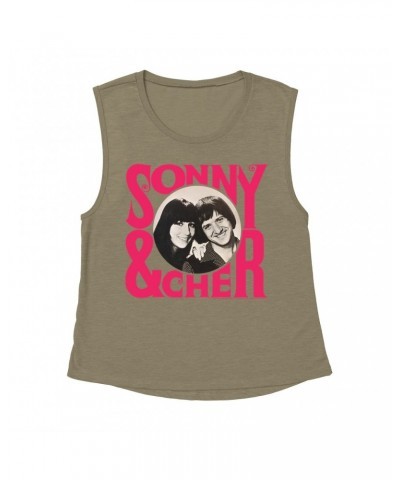 Sonny & Cher Ladies' Muscle Tank Top | Retro Pink Logo And Photo Shirt $3.71 Shirts