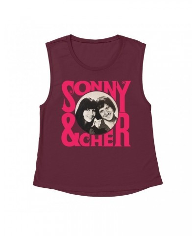 Sonny & Cher Ladies' Muscle Tank Top | Retro Pink Logo And Photo Shirt $3.71 Shirts