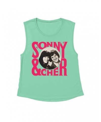 Sonny & Cher Ladies' Muscle Tank Top | Retro Pink Logo And Photo Shirt $3.71 Shirts